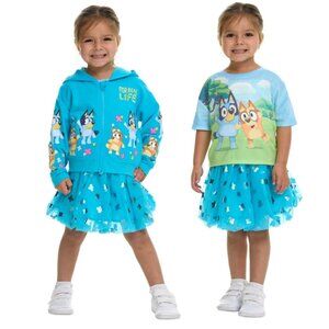 NWT Bluey Girls' 3-piece Tutu Set, full-zip hoodie, tee, & tutu skirt